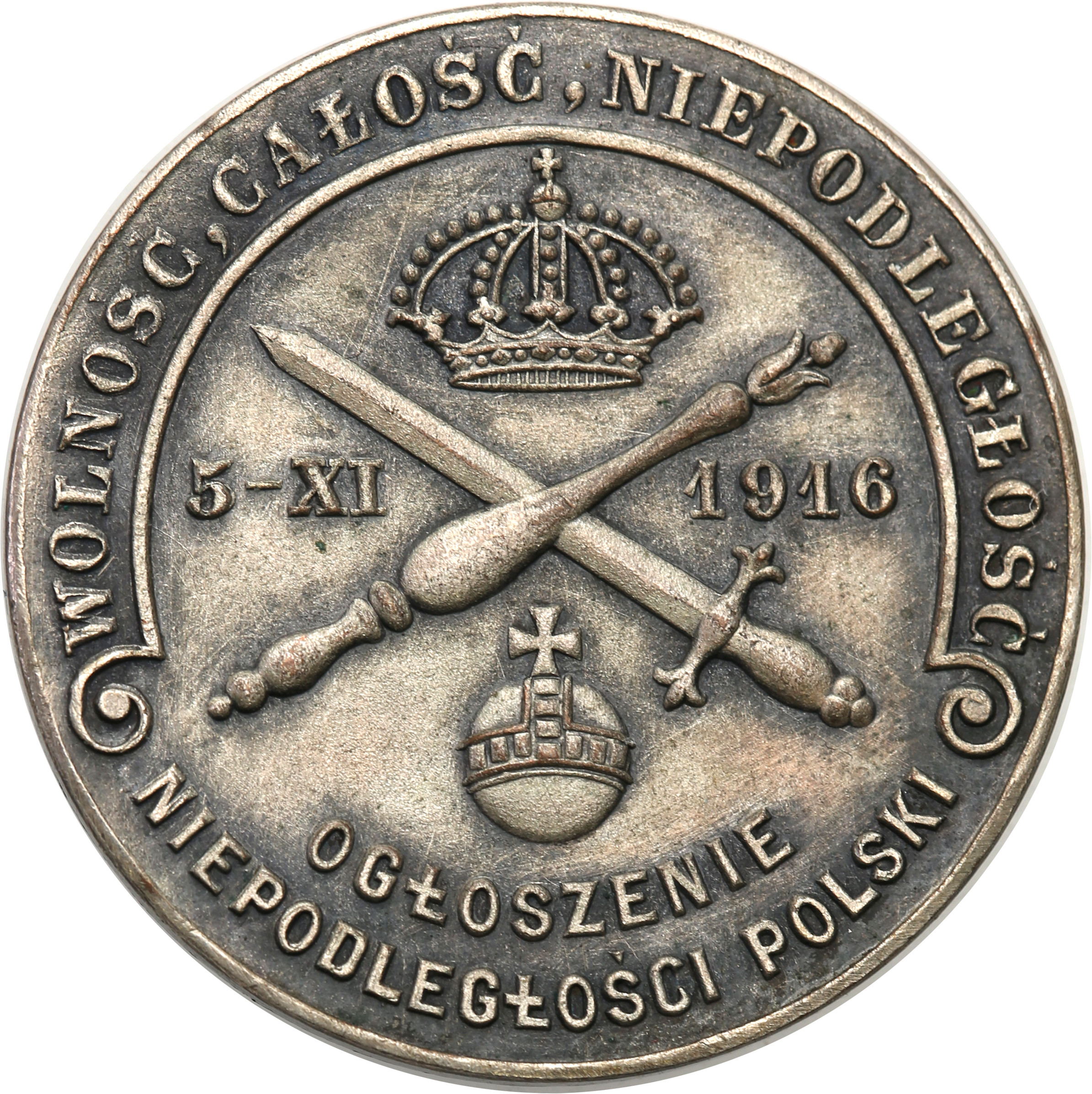 Polska, Polska pod zaborami. Medal 1916 ogłoszenie niepodległości Polski, brąz srebrzony